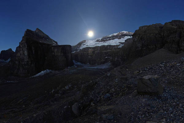 moon over mount victoria at plain of six glaciers, lake louise